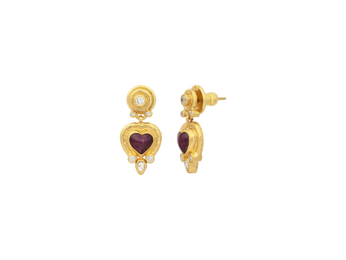 GURHAN, GURHAN Romance Gold Single Drop Earrings, 8mm Heart set in Wide Frame, Post Top, with Ruby and Diamond