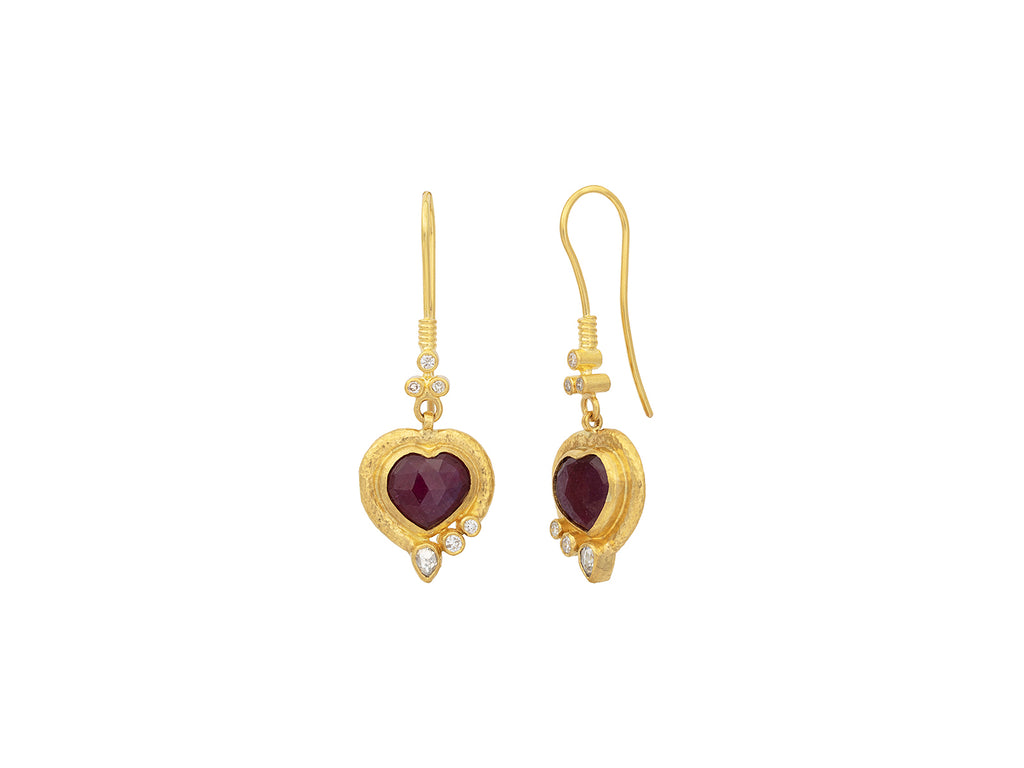 GURHAN, GURHAN Romance Gold Ruby Single Drop Earrings, 10x9mm Heart set in Wide Frame