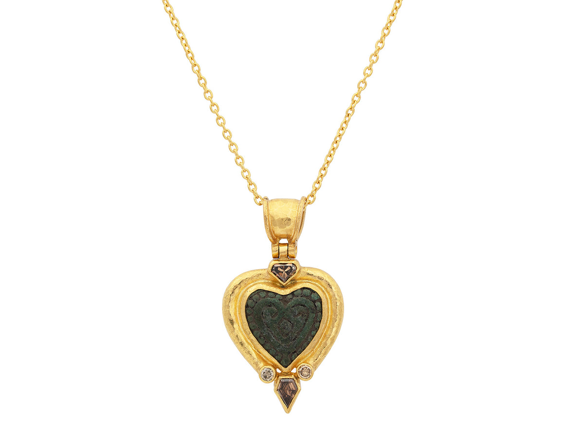 GURHAN, GURHAN Romance Gold Pendant Necklace, 14mm Heart set in Wide Frame, with Bronze Antiquity