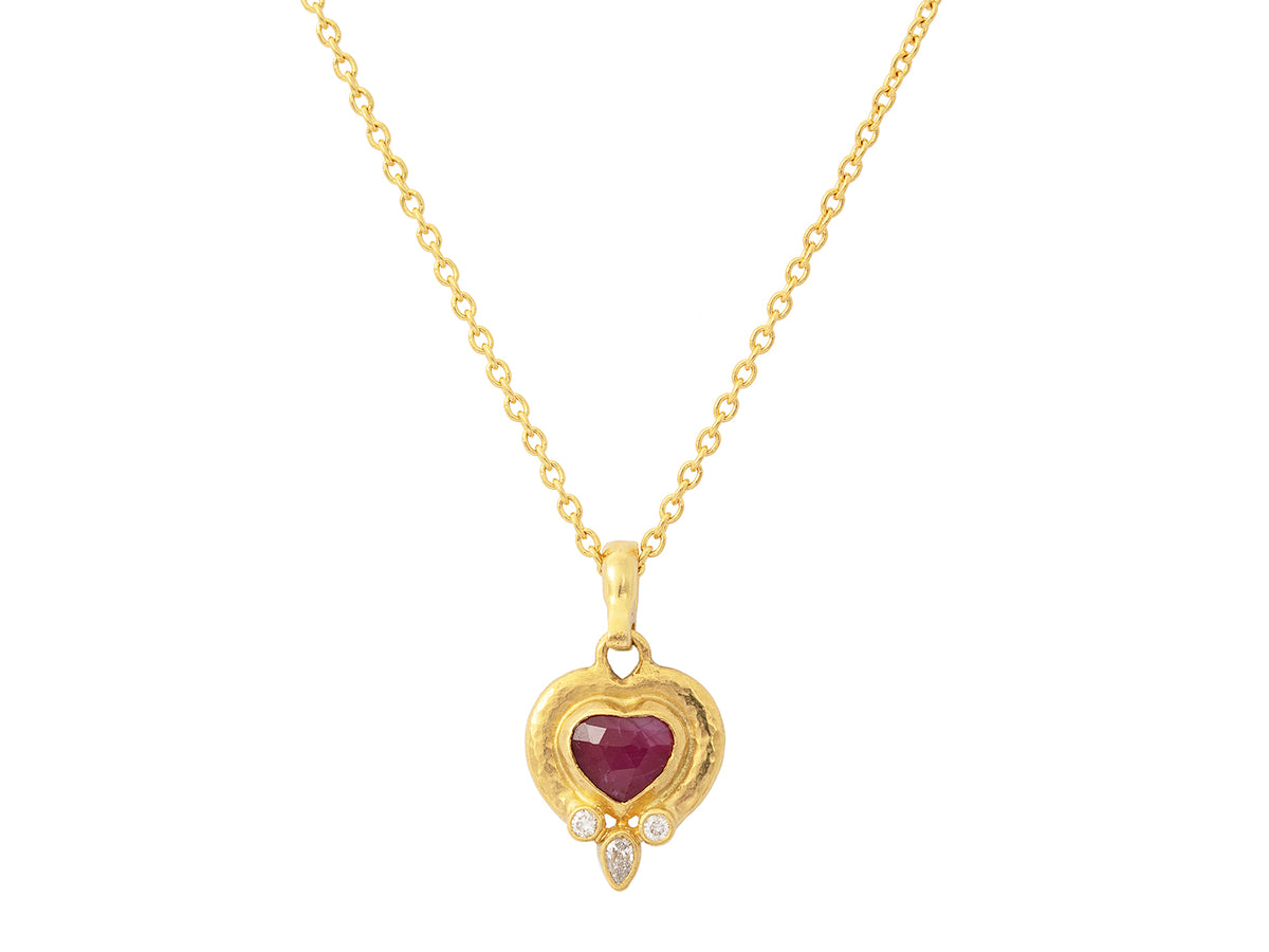 GURHAN, GURHAN Romance Gold Pendant Necklace, 8x7mm Heart set in Wide Frame, with Ruby and Diamond