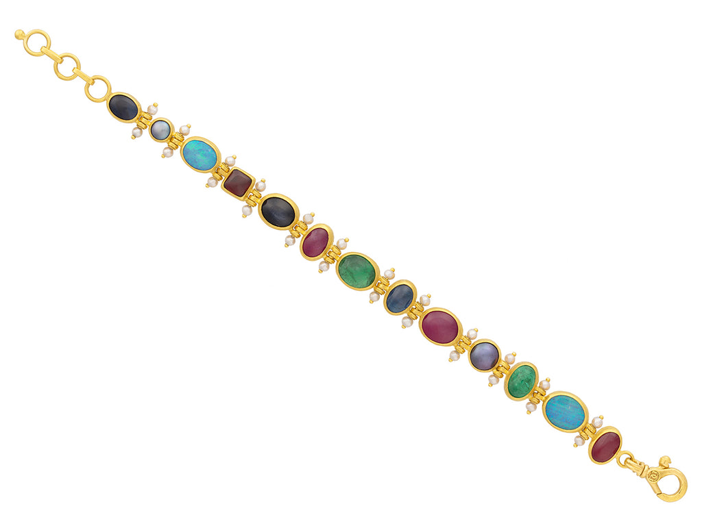 GURHAN, GURHAN Rune Gold Mixed Stone All Around Single-Strand Bracelet, Mixed Shapes, Pearl Accented Hinges