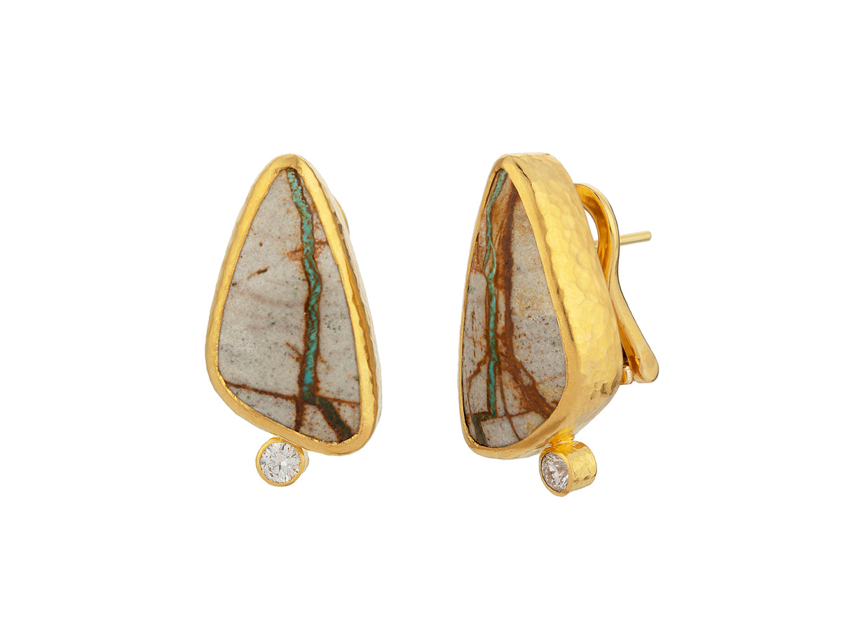 GURHAN, GURHAN Rune Gold Clip Post Stud Earrings, 24x13mm Amorphous Shape, Turquoise and Diamond