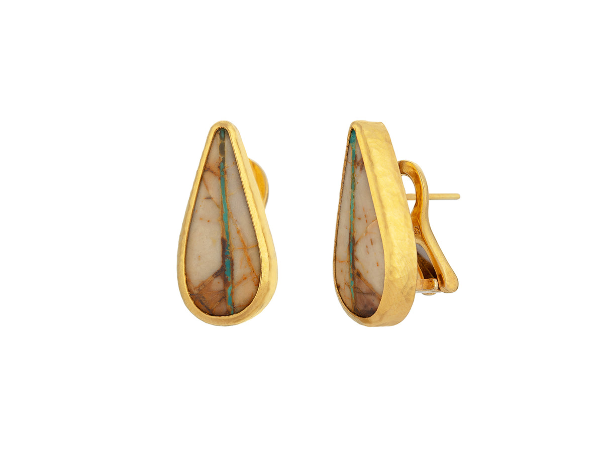 GURHAN, GURHAN Rune Gold Clip Post Stud Earrings, 25x12mm Teardrop, Turquoise