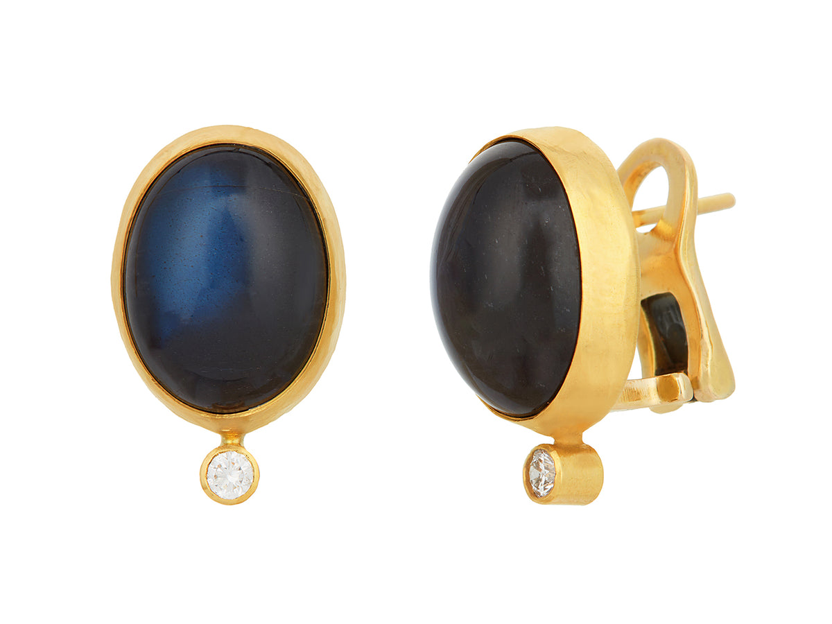 GURHAN, GURHAN Rune Gold Clip Post Stud Earrings, 15x12mm Oval, Labradorite and Diamond
