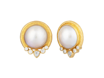GURHAN, GURHAN Rune Gold Clip Post Stud Earrings, 17mm Round Set in Wide Frame, Pearl and Diamond
