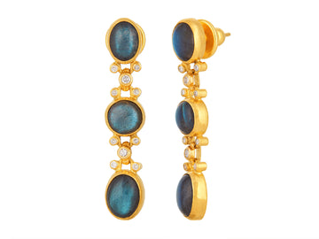 GURHAN, GURHAN Rune Gold Labradorite Double Drop Earrings, Round and Oval set in Wide Frame