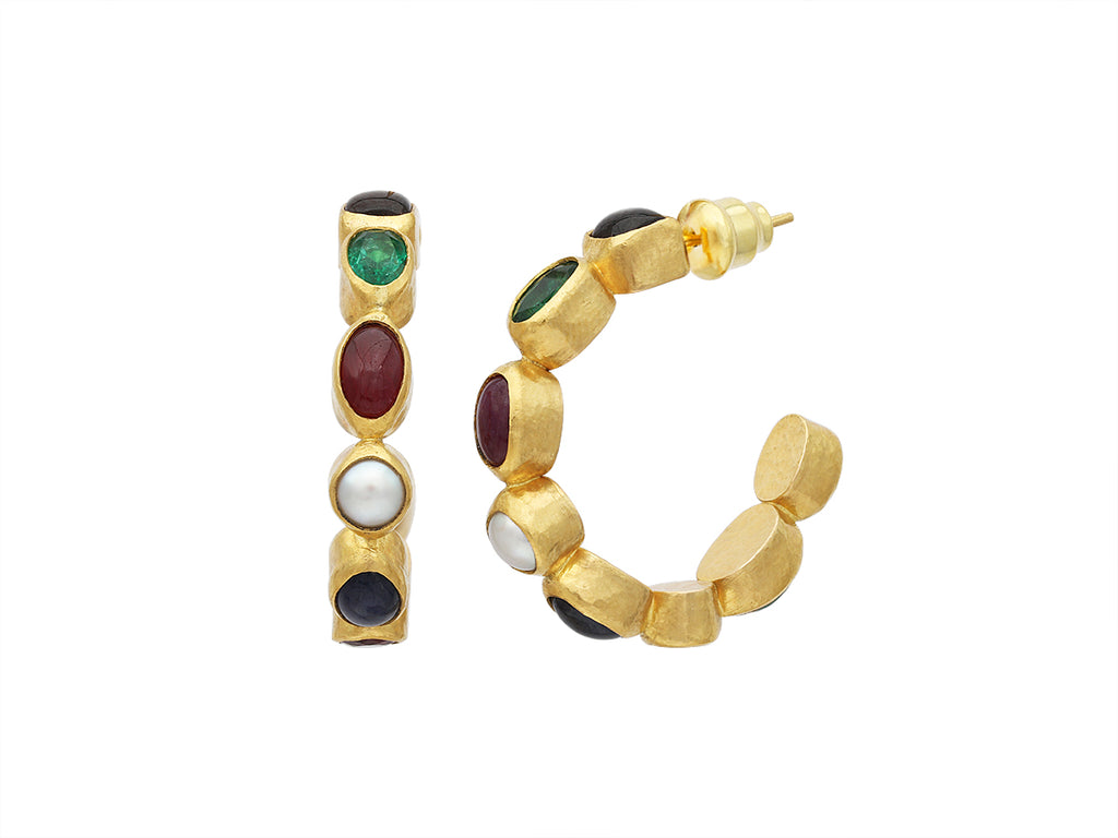 GURHAN, GURHAN Rune Gold Mixed Stone Hoop Earrings, Mixed Shapes