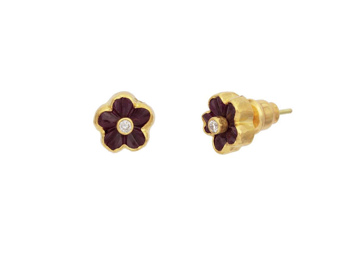 GURHAN, GURHAN Rune Gold Post Stud Earrings, 9mm Round Carved Flower, Ruby and Diamond