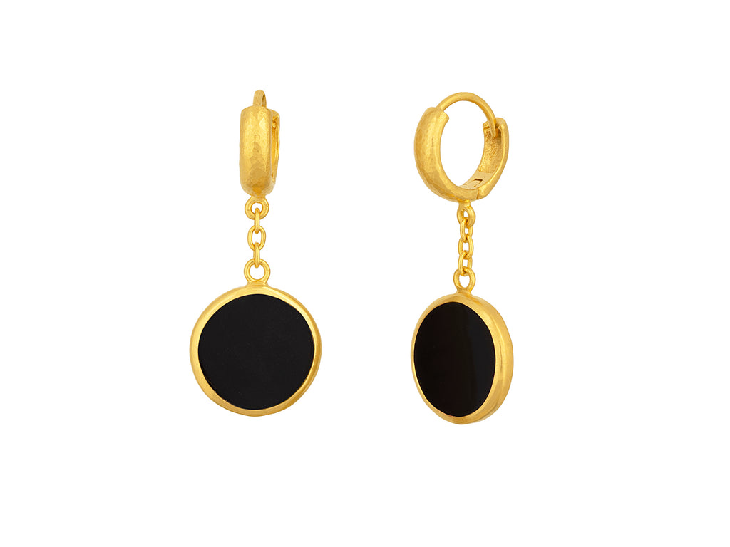 GURHAN, GURHAN Rune Gold Onyx Single Drop Earrings, 12mm Round Flat Stone on Huggie Hoop