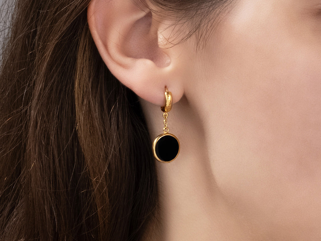 GURHAN, GURHAN Rune Gold Onyx Single Drop Earrings, 12mm Round Flat Stone on Huggie Hoop