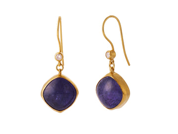 GURHAN, GURHAN Rune Gold Single Drop Earrings, 14mm Square on Wire Hook, Tanzanite and Diamond