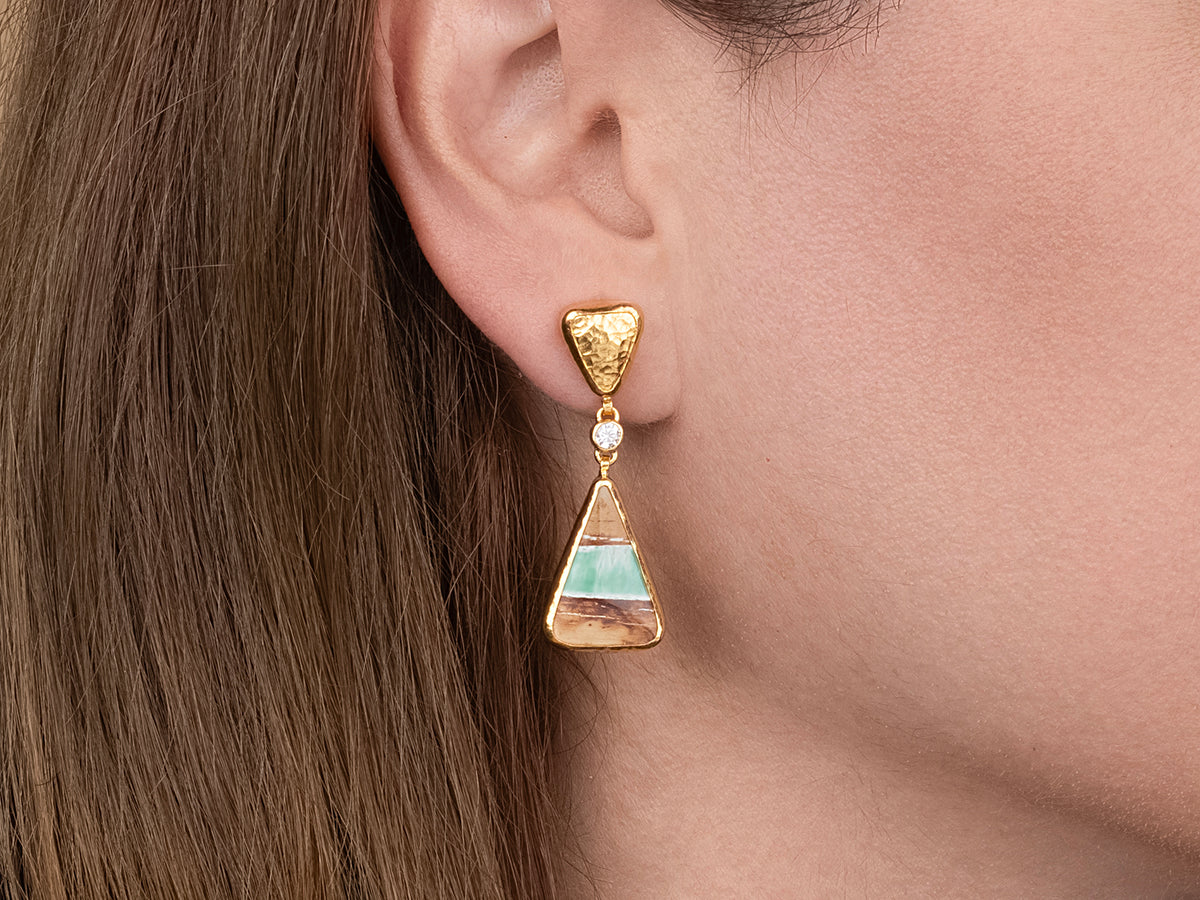 GURHAN, GURHAN Rune Gold Single Double Drop Earrings, 19x14mm Triangle, Post Top, Turquoise and Diamond