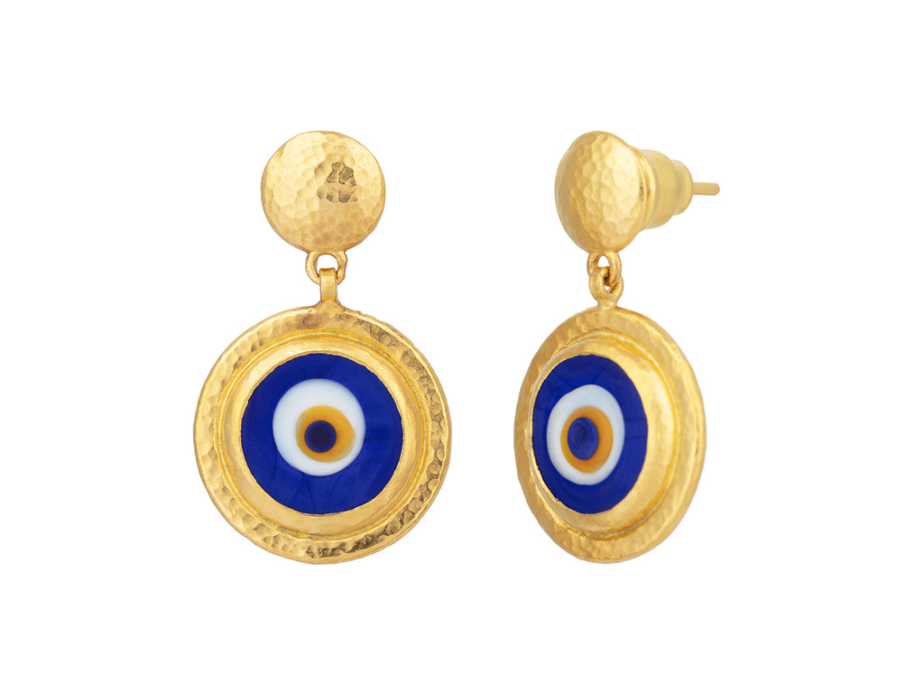 GURHAN, GURHAN Rune Gold Single Drop Earrings, 12mm Round Set in Wide Frame, Evil Eye