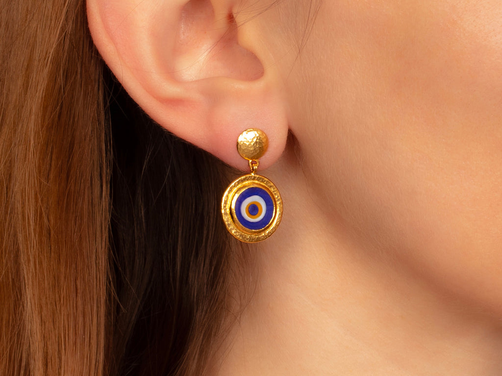 GURHAN, GURHAN Rune Gold Single Drop Earrings, 12mm Round Set in Wide Frame, Evil Eye