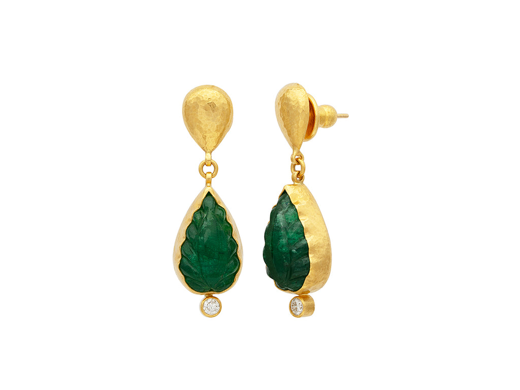 GURHAN, GURHAN Rune Gold Emerald Single Drop Earrings, 19x12mm Carved Teardrop