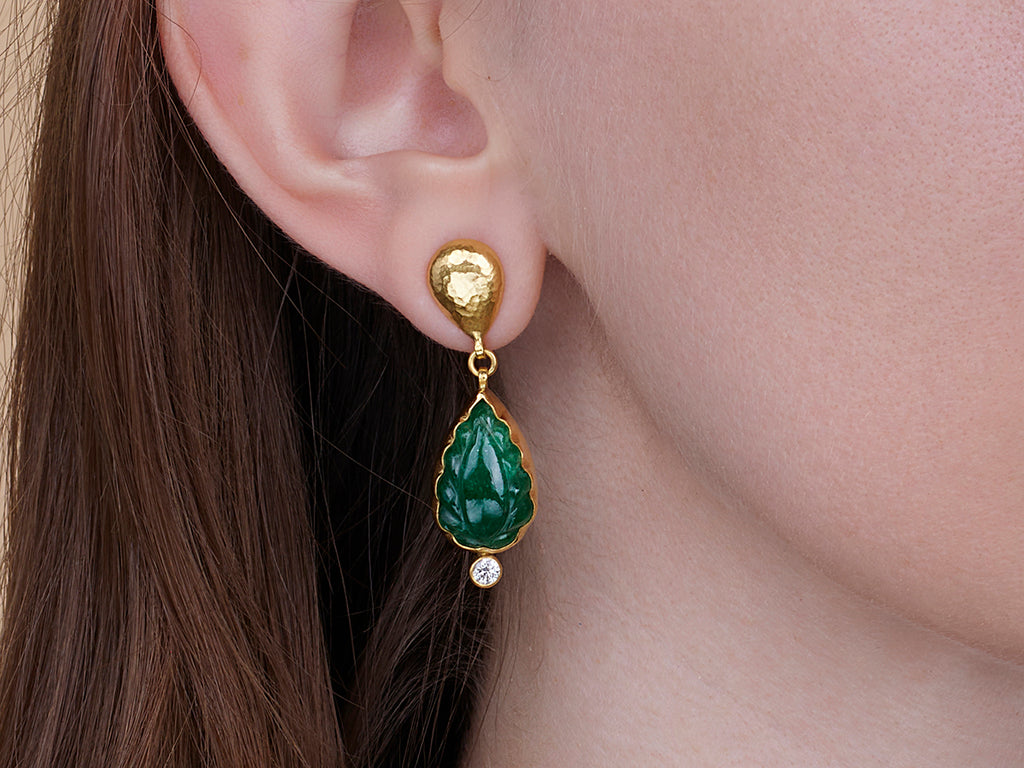 GURHAN, GURHAN Rune Gold Emerald Single Drop Earrings, 19x12mm Carved Teardrop