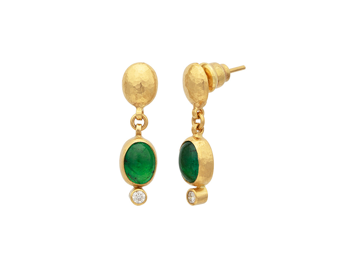 GURHAN, GURHAN Rune Gold Single Drop Earrings, 9x6mm Oval on Oval Post Top, Emerald and Diamond