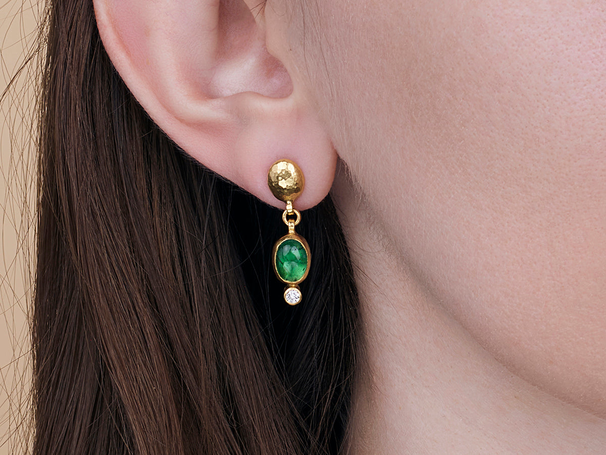 GURHAN, GURHAN Rune Gold Single Drop Earrings, 9x6mm Oval on Oval Post Top, Emerald and Diamond