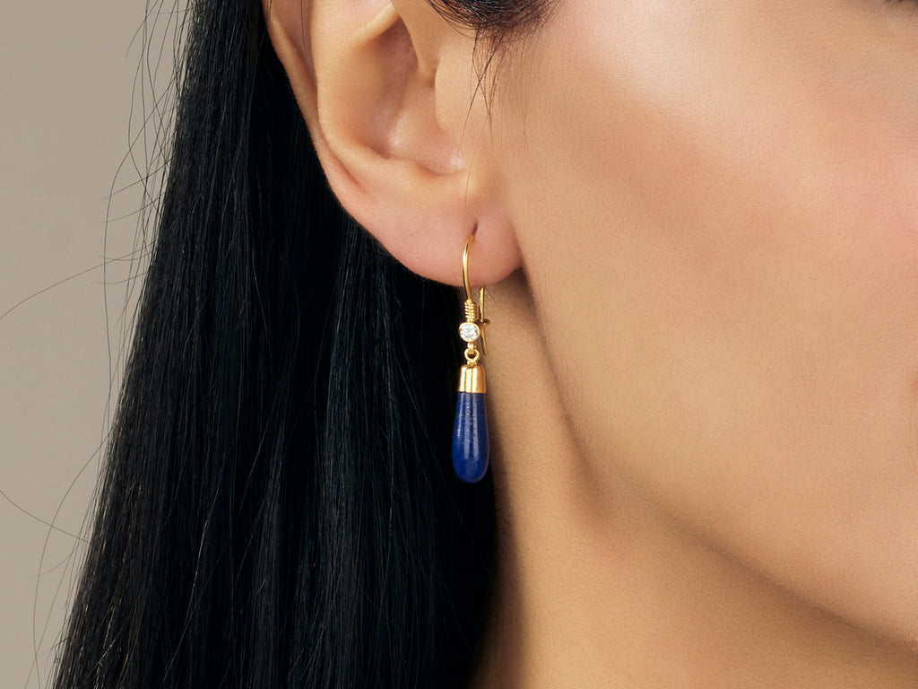 GURHAN, GURHAN Rune Gold Lapis Single Drop Earrings, 18x6mm Teardrop on Wire Hook