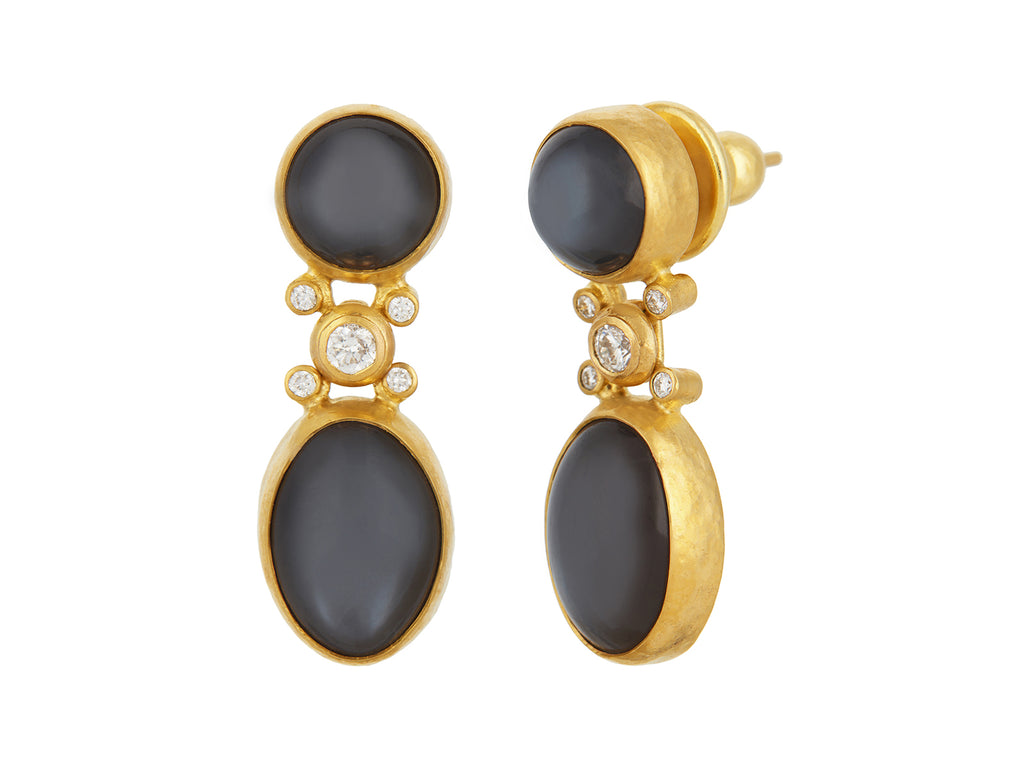 GURHAN, GURHAN Rune Gold Single Drop Earrings, Mixed Round and Oval Cabochon, Moonstone and Diamond