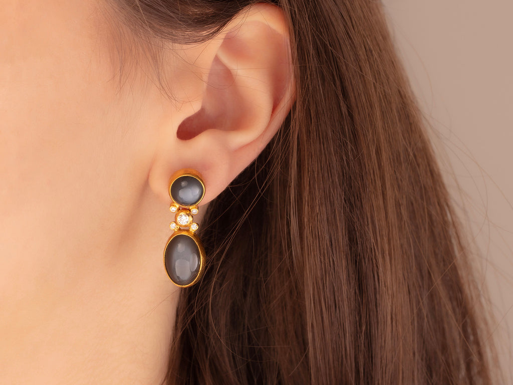 GURHAN, GURHAN Rune Gold Single Drop Earrings, Mixed Round and Oval Cabochon, Moonstone and Diamond