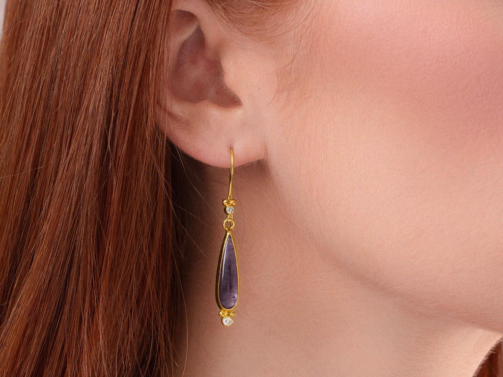 GURHAN, GURHAN Rune Gold Tourmaline and Diamond Single Drop Earrings, 20x6mm Teardrop on Wire Hook