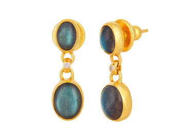 GURHAN, GURHAN Rune Gold Labradorite Single Drop Earrings, Mixed Oval set in Wide Frame