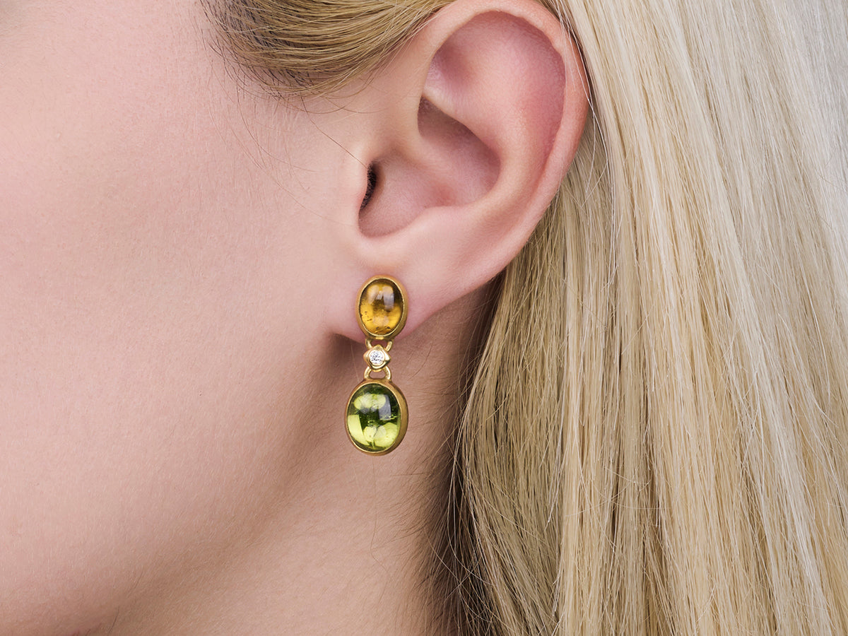 GURHAN, GURHAN Rune Gold Single Drop Earrings, Double Oval, Tourmaline and Diamond