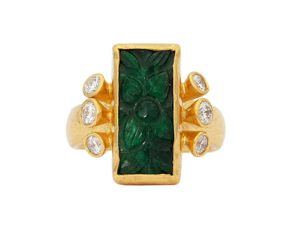 GURHAN, GURHAN Rune Gold Stone Cocktail Ring, 18x8mm Carved Rectangle, with Emerald and Diamond