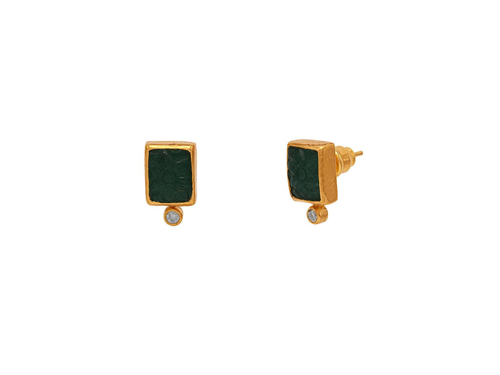 GURHAN, GURHAN Rune Gold Stud Earrings, Small Carved Square on Post, Emerald and Diamond