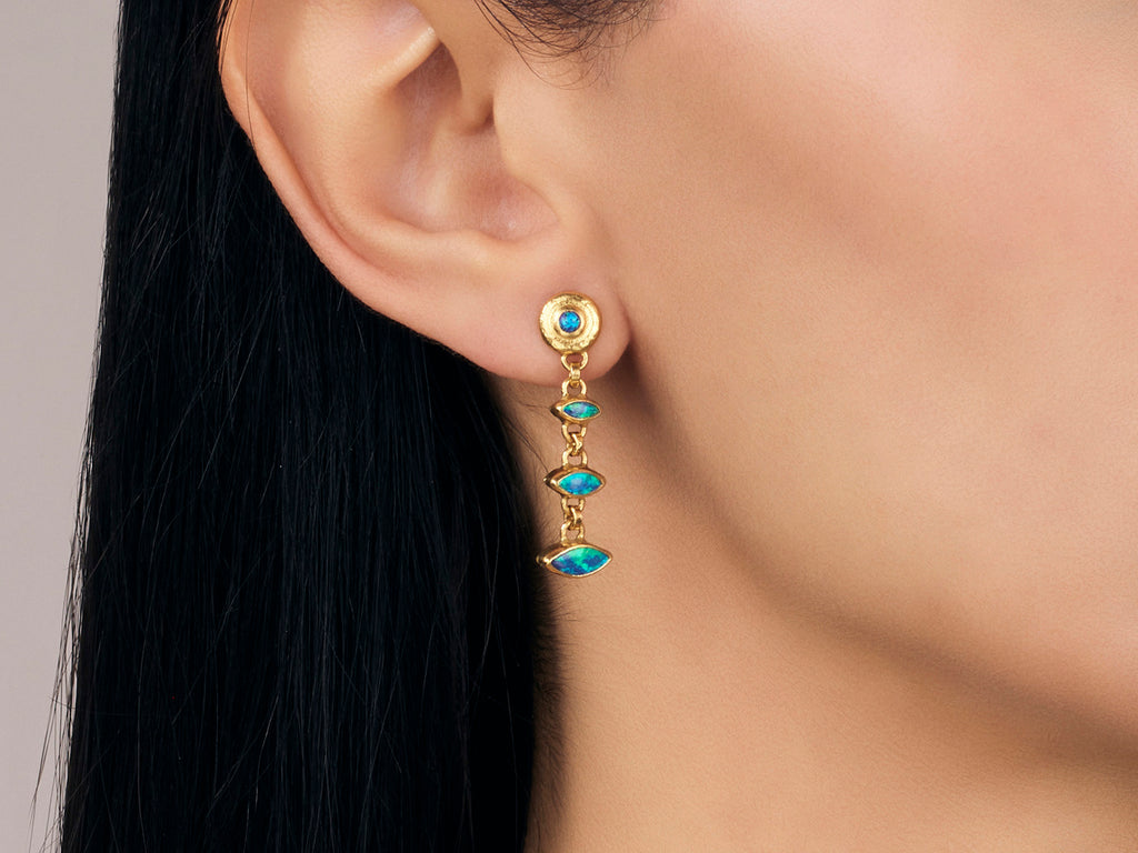 GURHAN, GURHAN Rune Gold Opal Triple Drop Earrings, Graduated Marquise Stones on Round Post Top