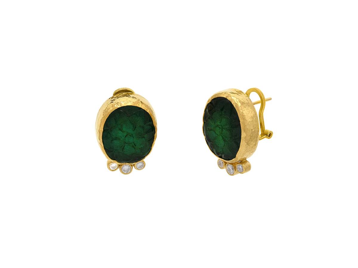 GURHAN, GURHAN Rune Gold Stud Earrings, Oval Carved Flower, Emerald and Diamond