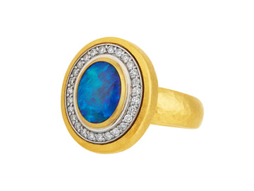 GURHAN, GURHAN Rune Gold Opal Cocktail Ring, 11x9mm Oval set in Diamond Pave Frame