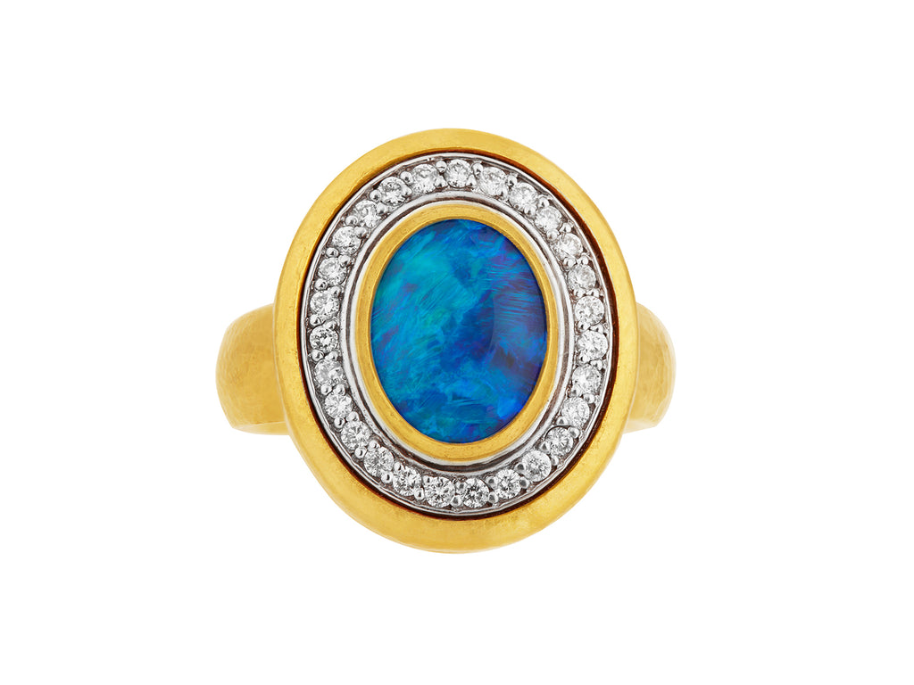 GURHAN, GURHAN Rune Gold Opal Cocktail Ring, 11x9mm Oval set in Diamond Pave Frame