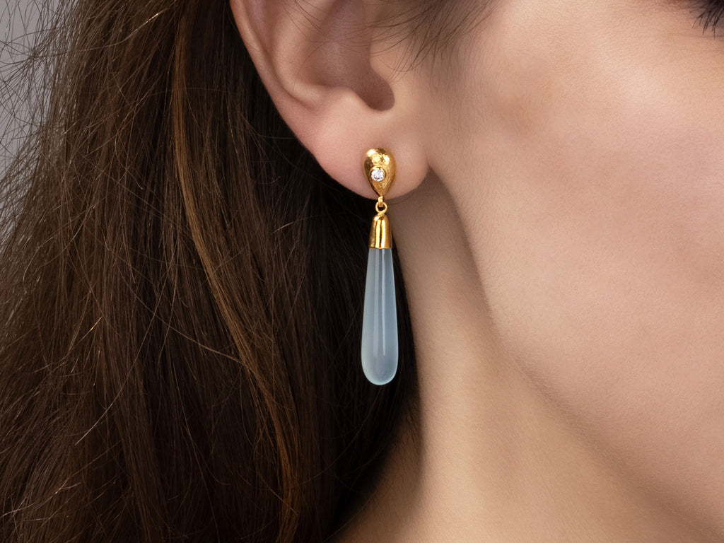 GURHAN, GURHAN Spell Gold Chalcedony Single Drop Earrings, 30x7mm Teardrop on Post Top