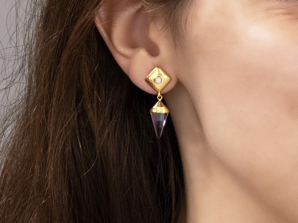 GURHAN, GURHAN Spell Gold Amethyst Single Drop Earrings, 16x8mm Triangle Stone on Square Post Top