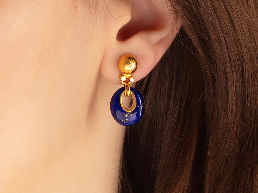 GURHAN, GURHAN Spell Gold Single Drop Earrings, 15x13mm Open Oval, Round Post Top, Lapis and Diamond