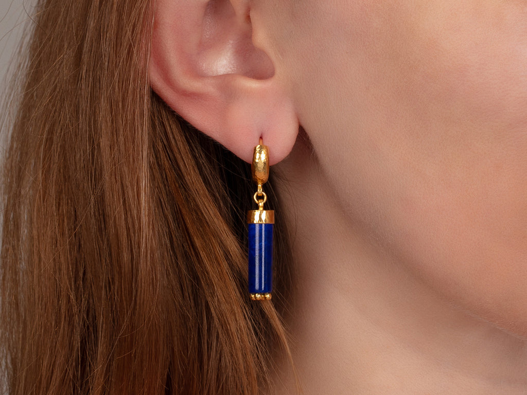 GURHAN, GURHAN Spell Gold Lapis Single Drop Earrings, 18x6mm Cylinder on Huggie Hoop