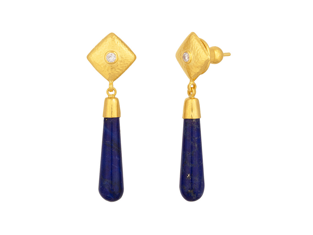 GURHAN, GURHAN Spell Gold Lapis Single Drop Earrings, 24x6mm Teardrop on Square Post Top