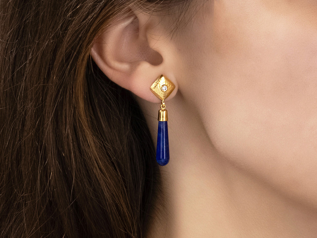 GURHAN, GURHAN Spell Gold Lapis Single Drop Earrings, 24x6mm Teardrop on Square Post Top