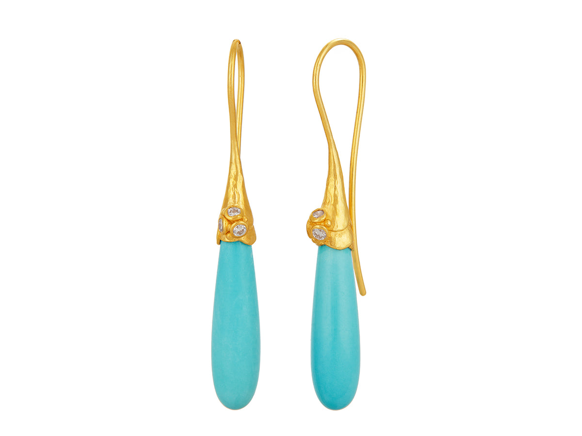 GURHAN, GURHAN Spell Gold Single Drop Earrings, 25x6mm Teardrop on Wire Hook, Turquoise and Diamond