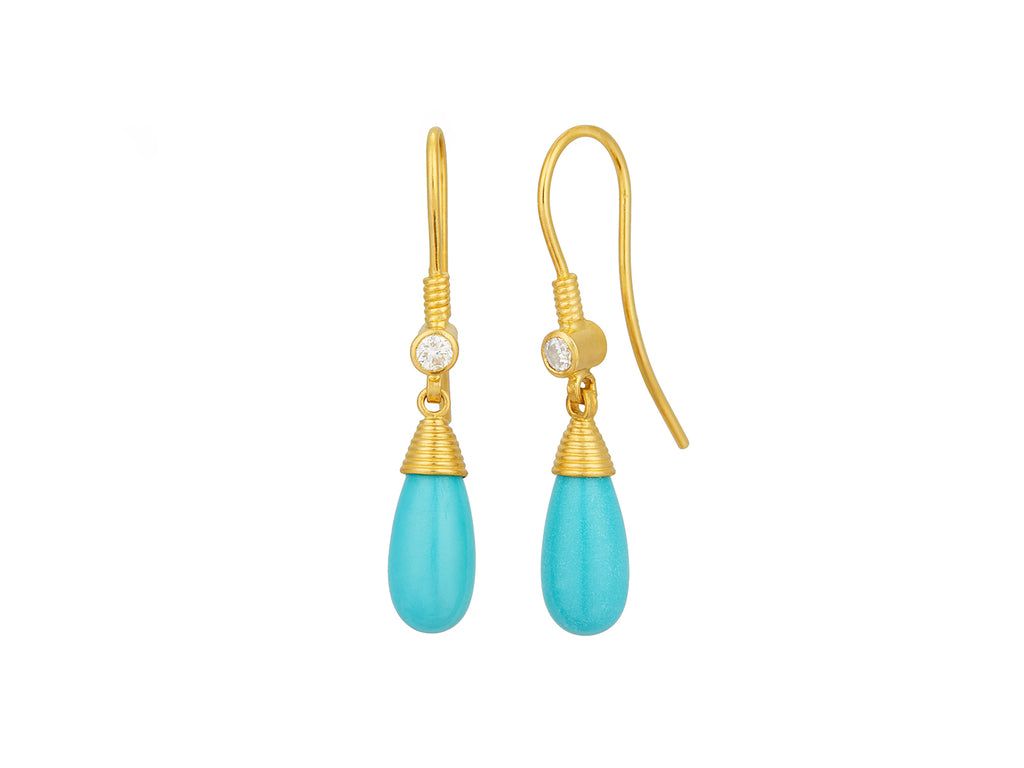 GURHAN, GURHAN Spell Gold Turquoise Single Drop Earrings, 13x6mm Teardrop on Wire Hook