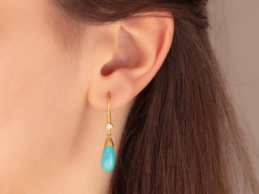 GURHAN, GURHAN Spell Gold Turquoise Single Drop Earrings, 13x6mm Teardrop on Wire Hook