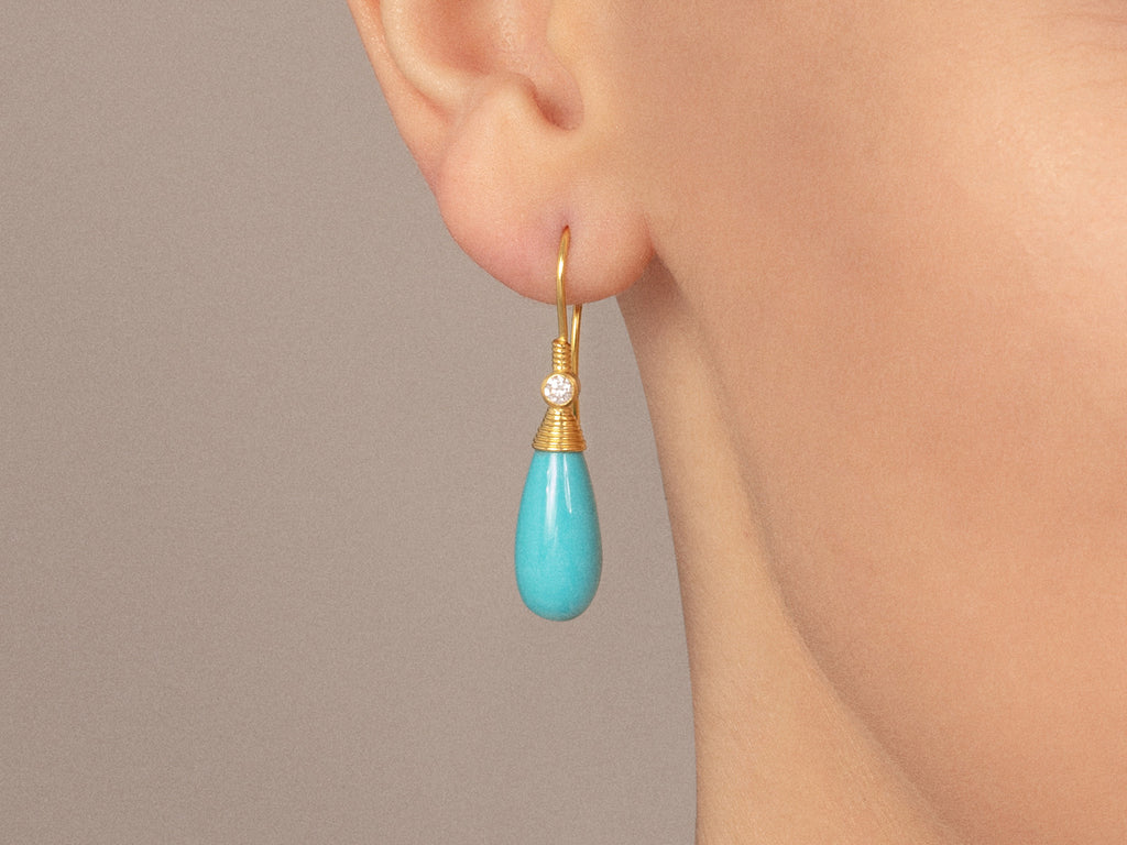 GURHAN, GURHAN Spell Gold Turquoise Single Drop Earrings, 18x8mm Teardrop on Wire Hook