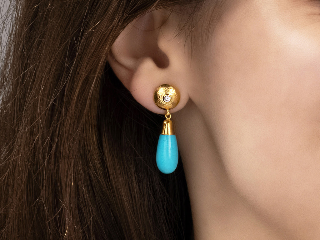 GURHAN, GURHAN Spell Gold Turquoise Single Drop Earrings, 18x8mm Teardrop on Round Post Top