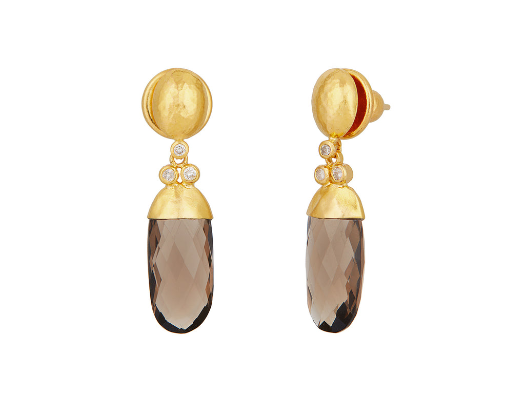 GURHAN, GURHAN Spell Gold Single Drop Earrings, 18x8mm Flat Faceted Oval, Smoky Quartz and Diamond