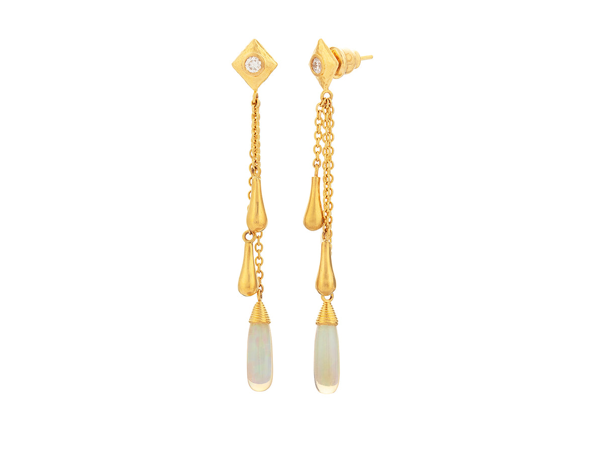 GURHAN, GURHAN Spell Gold Tassel Drop Earrings, Cabochon Drop with Chain and Gold Drops, Opal and Diamond