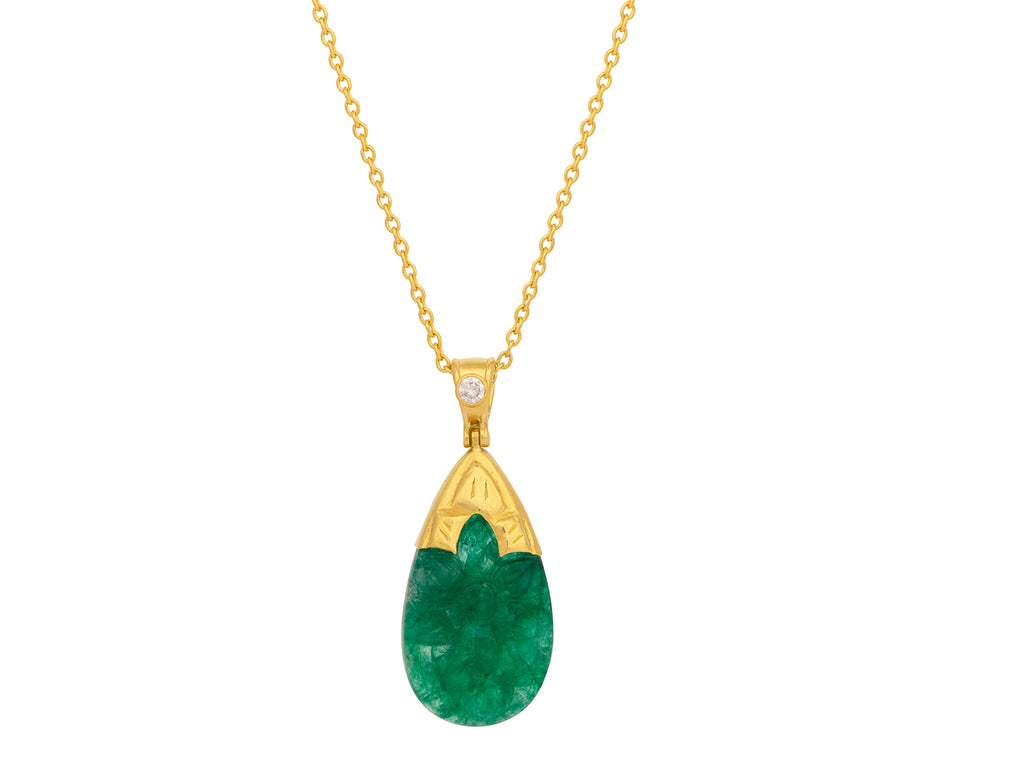 GURHAN, GURHAN Spell Gold Emerald Pendant Necklace, 28x16mm Carved Teardrop Stone