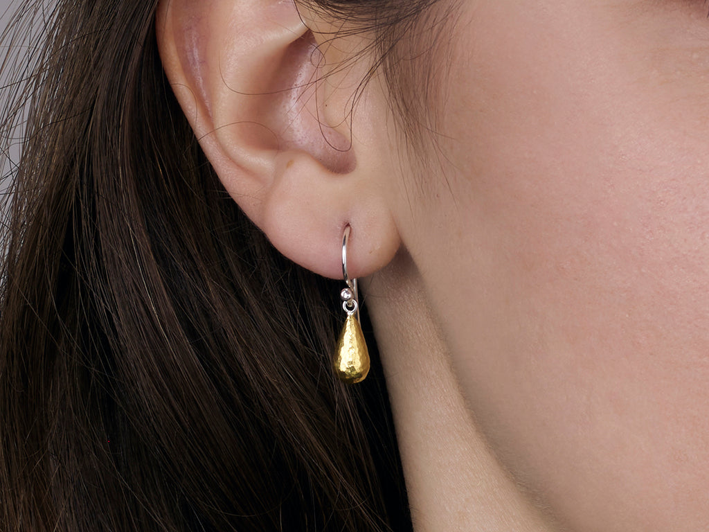 GURHAN, GURHAN Spell Sterling Silver Single Drop Earrings, 6mm Puffed Pear on Wire Hook, No Stone, Gold Accents