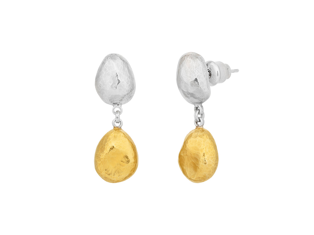 GURHAN, GURHAN Spell Sterling Silver Single Drop Earrings, Double Nugget Shapes on Post Top, Gold Accents